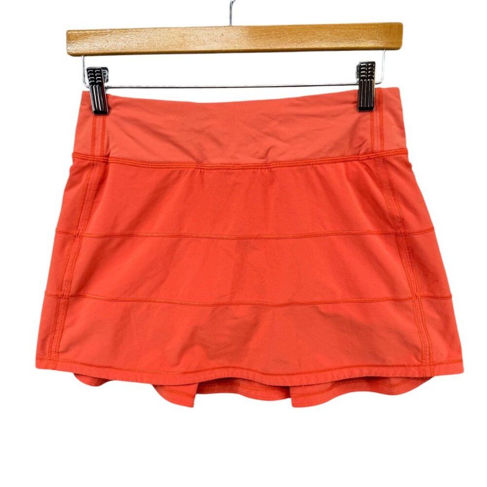 Lululemon Pace Rival Mini Skirt Solid Orange Athletic Ribbed Zip Pocket Sz 4
